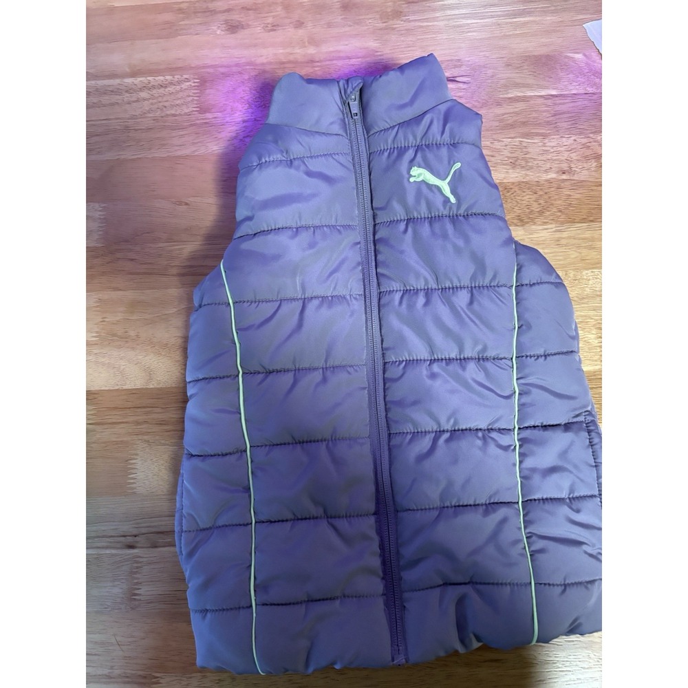 PUMA Girls Puffer Vest Size S 7/8 Purple Lavender Full Zip Quilted Logo Kids